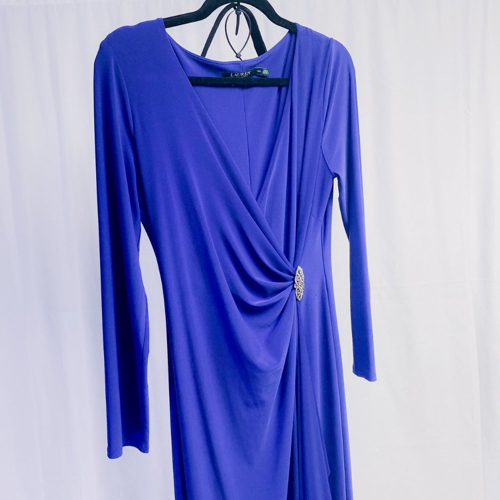 Women's Lauren Ralph Lauren Royal Blue V-neck Jersey Gown Petite Evenings Formal - Picture 4 of 14